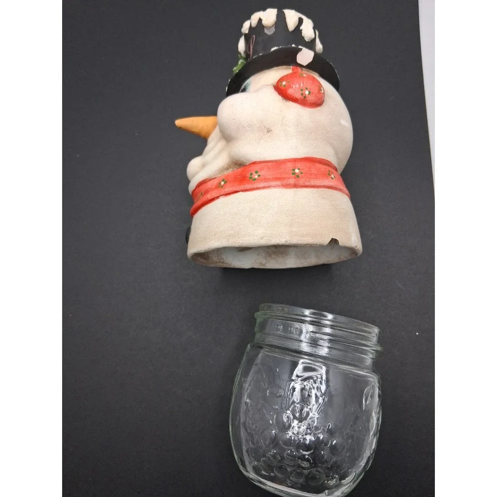 Vintage Snowman Glass Candy Jar Bank Christmas Decor Hand Painted
